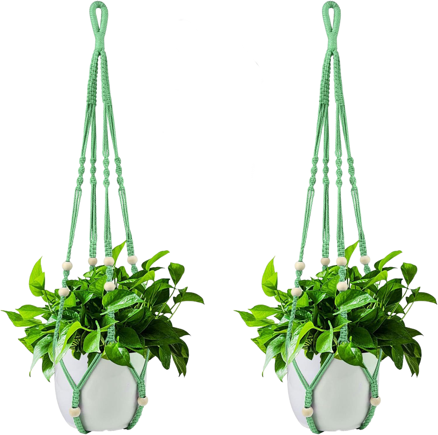 Wiszący kosz na rośliny doniczkowe, zielony bawełniany sznurek, 2 sztuki, długość 98 cm, zdobiony drewnianymi koralikami, haczyki nie znajdują się w z