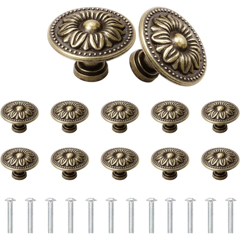 12 szt. 30 mm, okrągłe uchwyty meblowe w stylu vintage, z kwiatowym wzorem, ze śrubami do szuflad, szafek i garderób