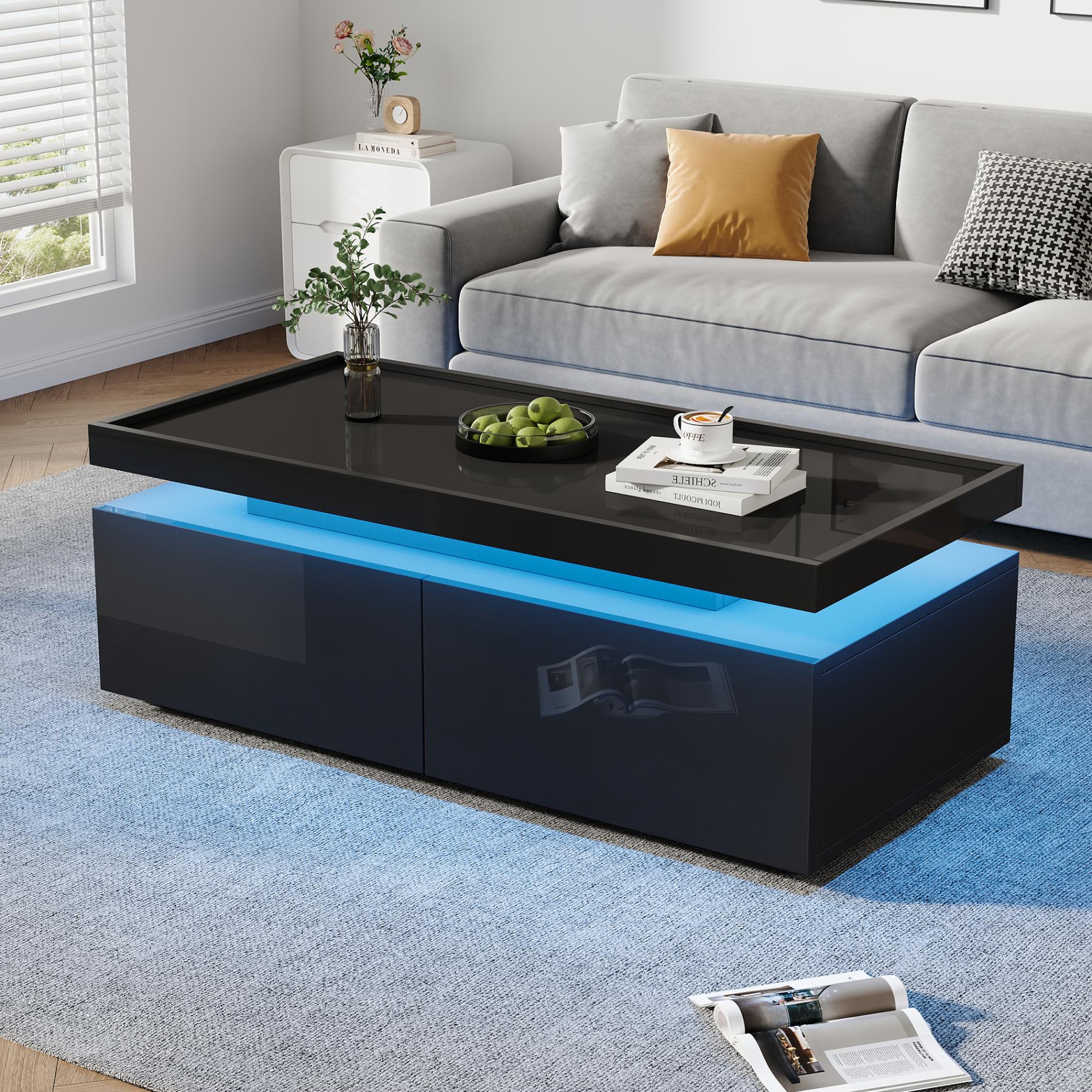 Stolik kawowy LED 95x45x35 cm z 2 szufladami, geometryczny design, lakierowane wykończenie na połysk, nowoczesny i minimalistyczny