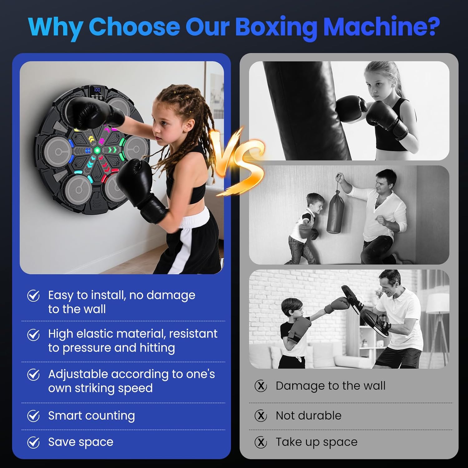Machine de Boxe Musicale, 2025 Nouvelle Boxe Mural Musique avec Gants de Boxe, Connexion Bluetooth, Lumières LED Colorées, Réglage à 5 Vitesses - 4