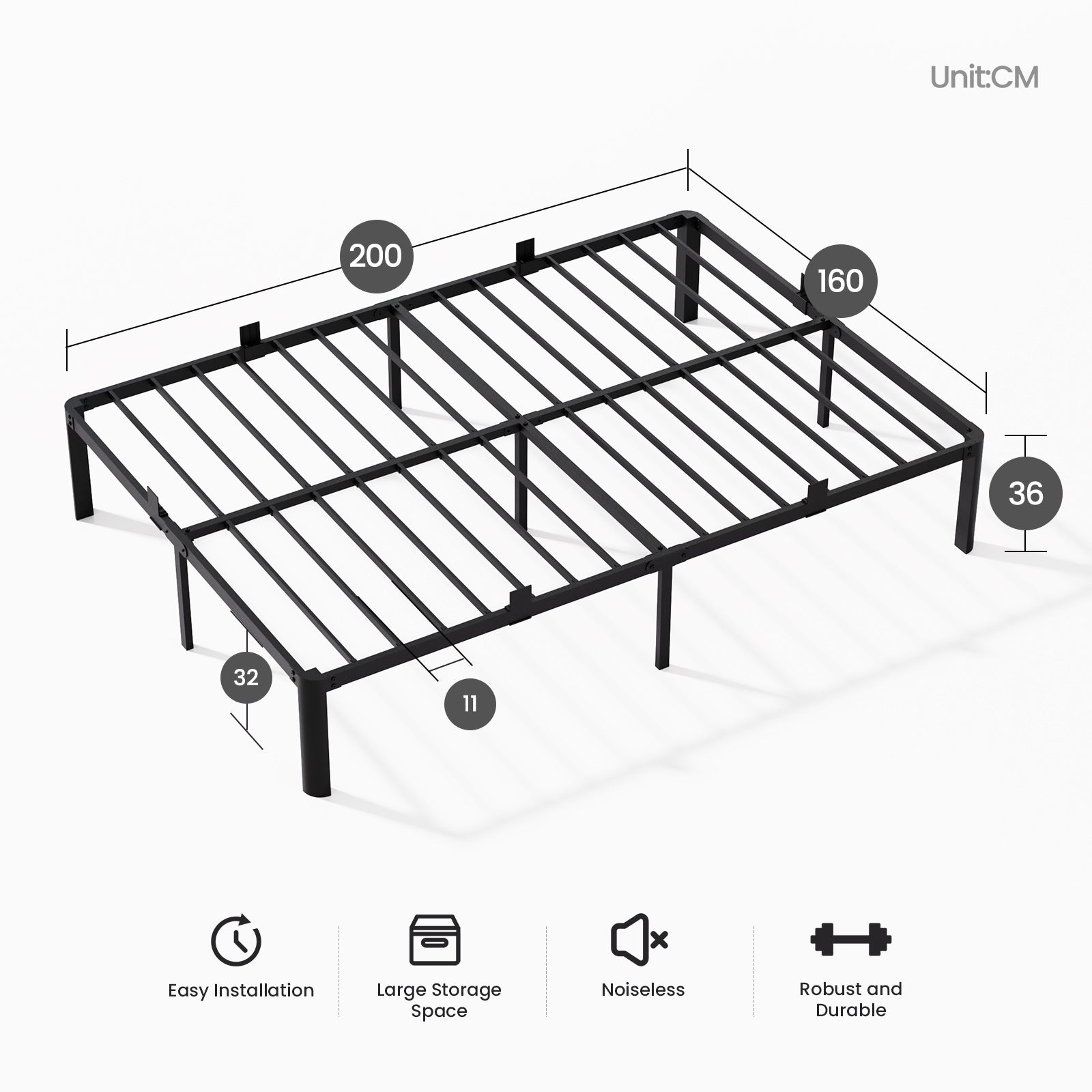 AURALUM MAX Cadre de Lit Double 140x200 cm Métal Noir, Sommier Plateforme avec Pieds Éventail, Structure Robuste 500 kg, Rangement 32 cm Silencieux - 7