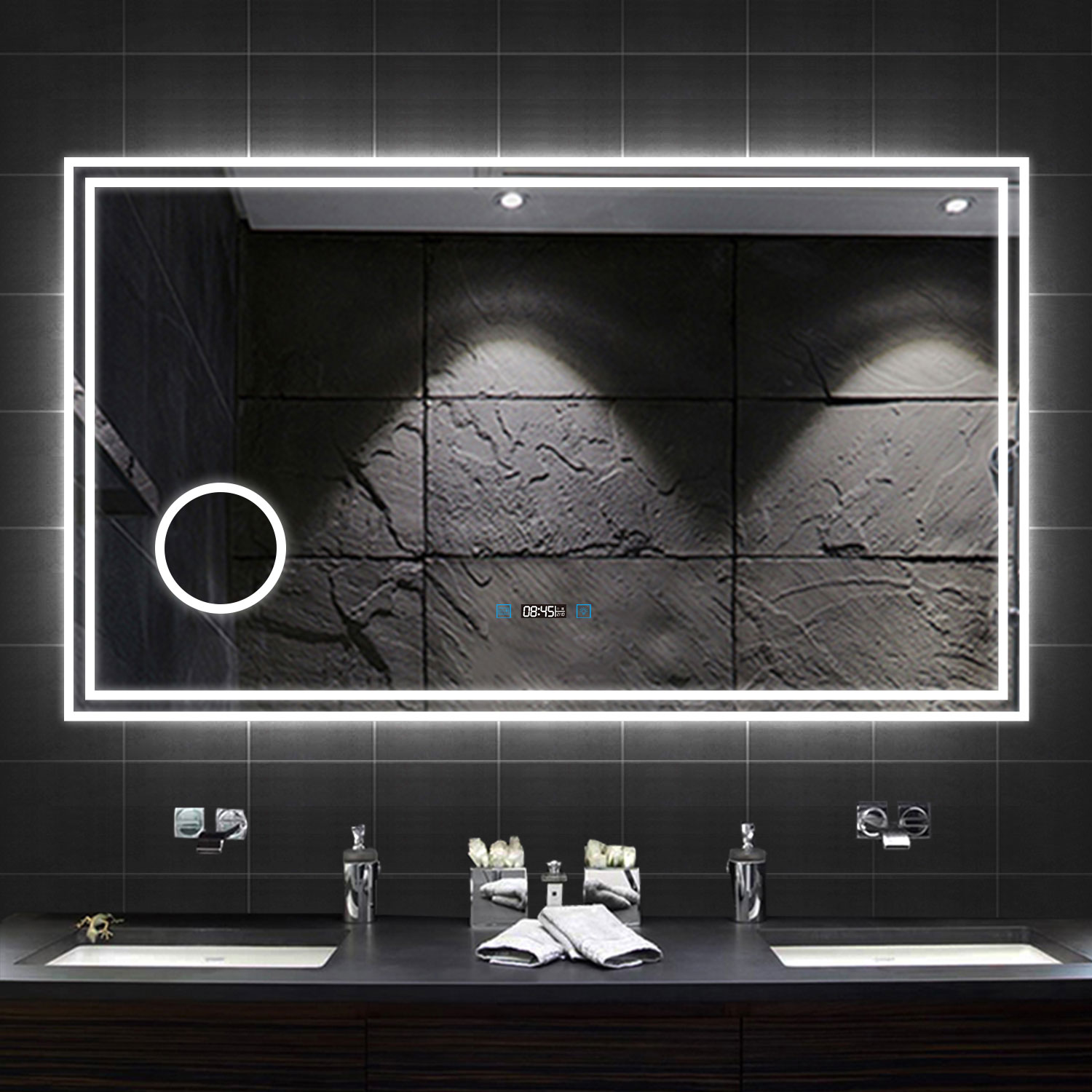 Specchio Bagno Con Luce 100x60cm - Orologio, Temperatura, Lente 3X, Antiappannamento, Vetro Antideflagrante - Foto 3