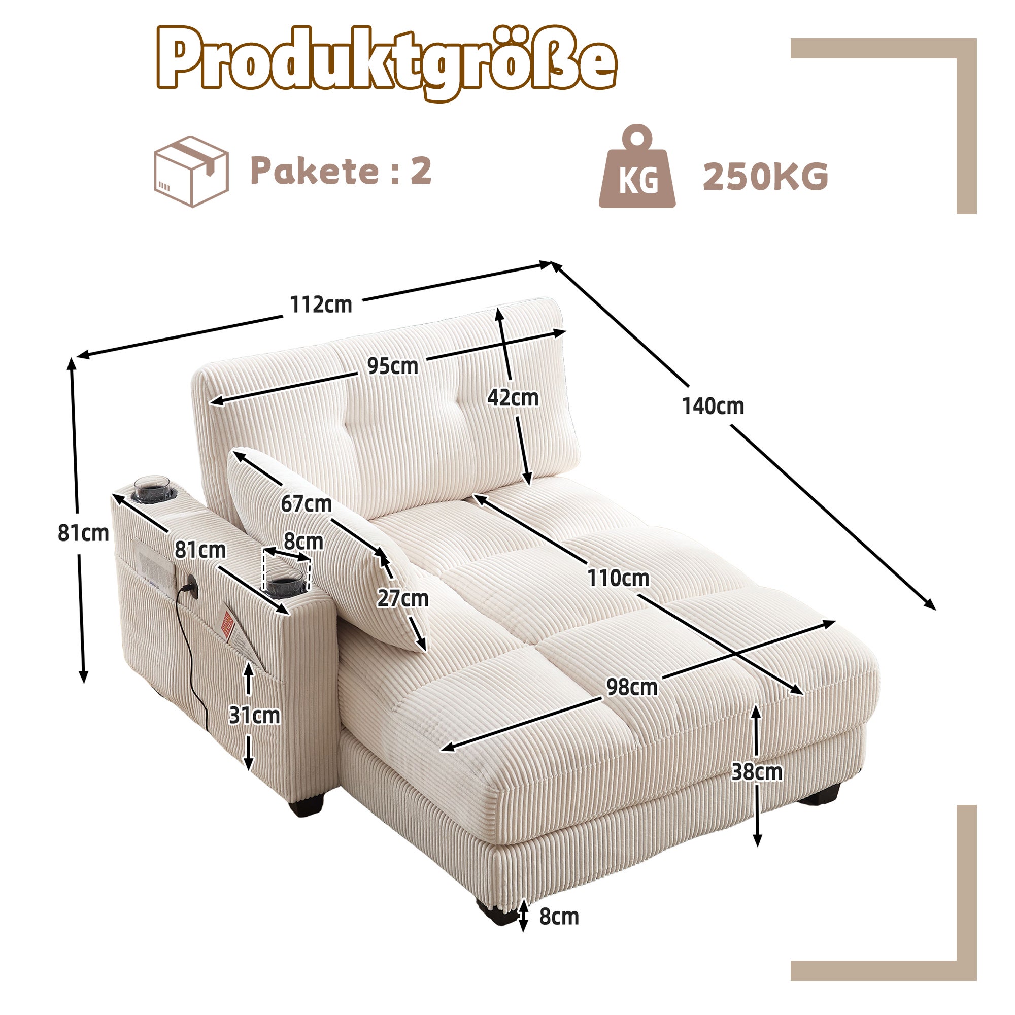 Fauteuil Relax , Fauteuil Relax Beige Rembourré avec Porte,Gobelets et Ports USB , Tissu Kordsamt - 3