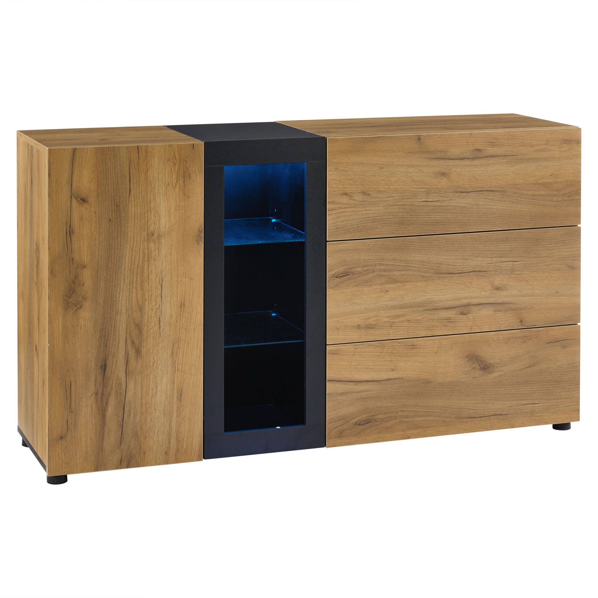Buffet bas avec 3 tiroirs, commode - 140 x 40 x 80 cm - LEDs - Panneau de particules - Marron + Noir - 9