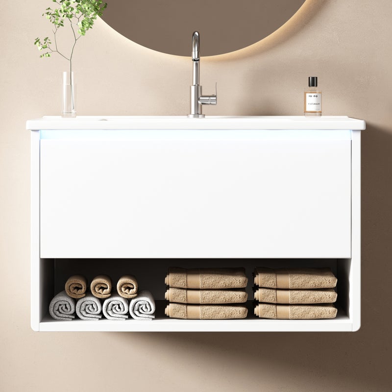 Wiszący mebel łazienkowy 76x46x45 cm - z ceramiczna umywalką - 1 szuflada i otwarte półki - z LED - Biały