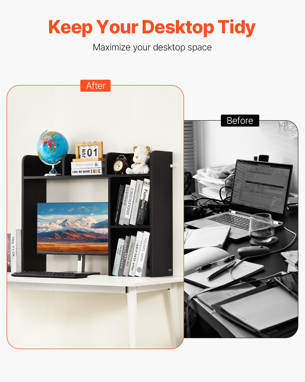 Étagère De Bureau à Poser 75 Cm - Double Niveau, Pieds Antidérapants - En MDF Et Acier, Couleur Chêne