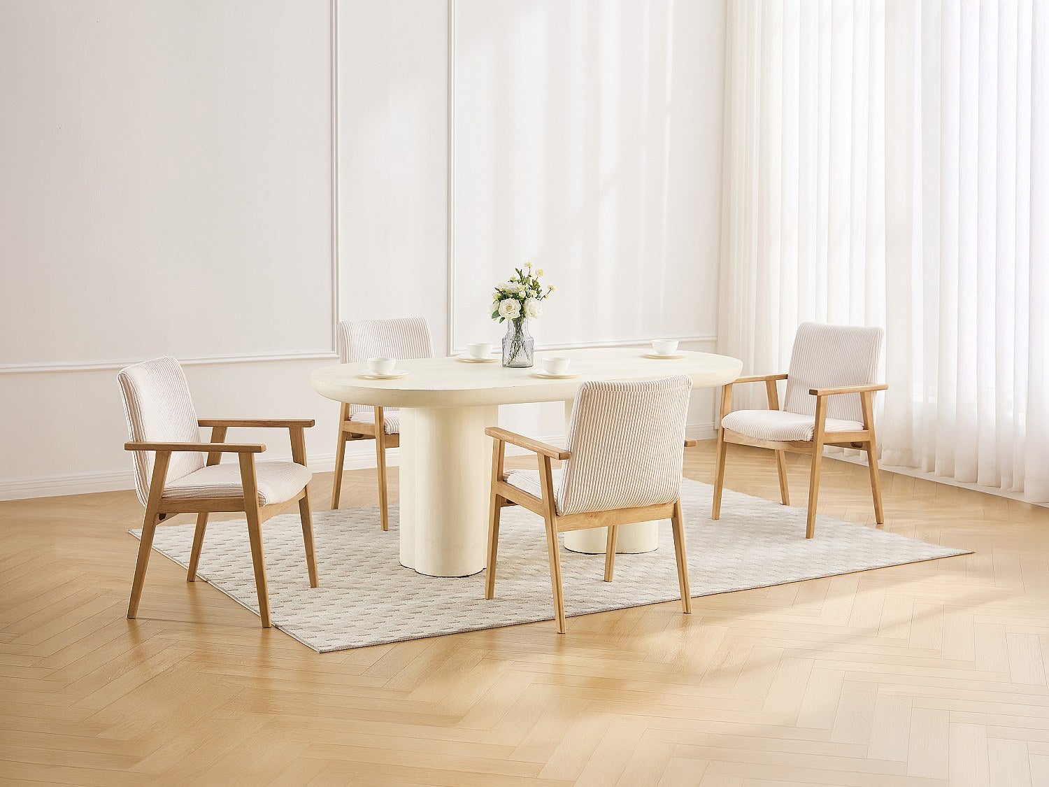 Zestaw 6 krzeseł z podłokietnikami z aksamitu sztruksowego i drewna kauczukowego - Kremowe - FILDON