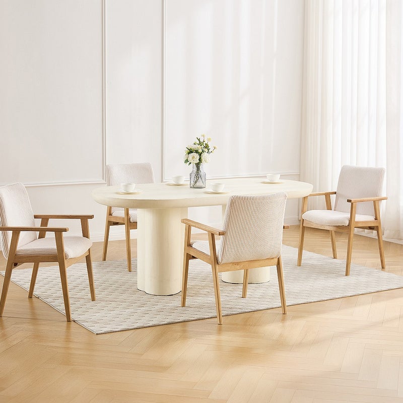 Zestaw 6 krzeseł z podłokietnikami z aksamitu sztruksowego i drewna kauczukowego - Kremowe - FILDON