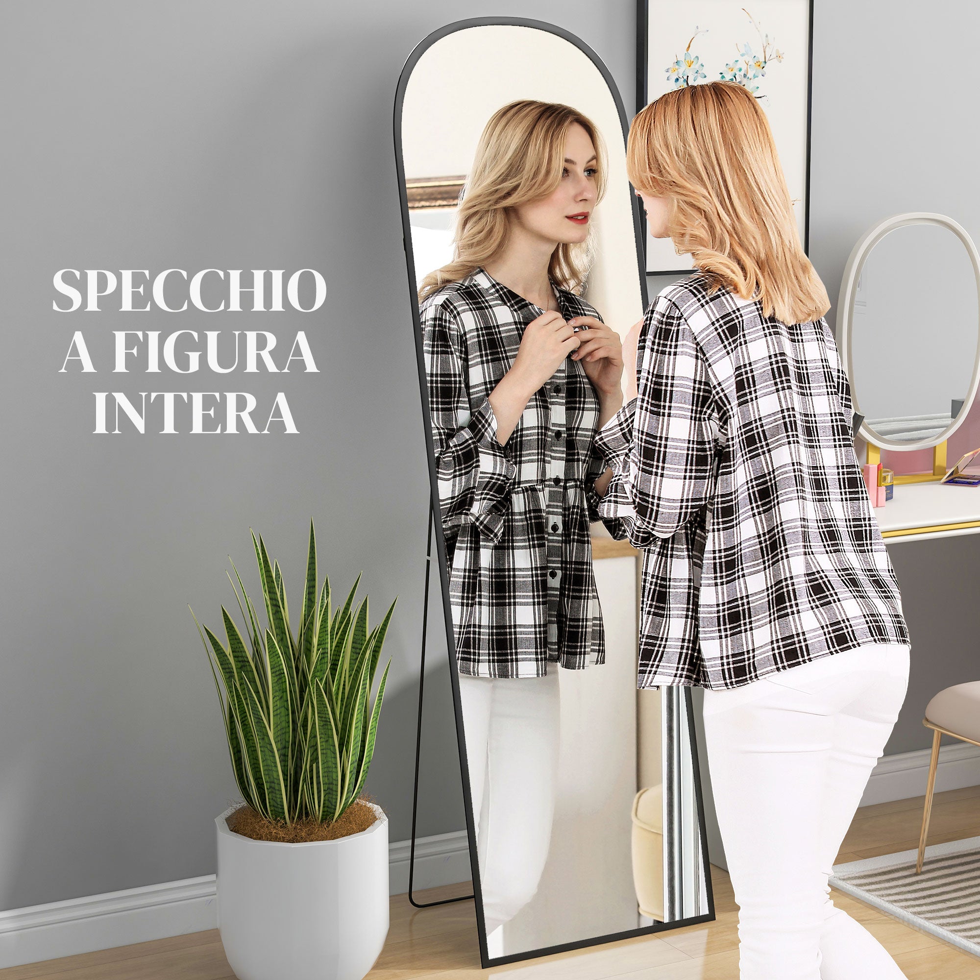 HOMCOM Specchio da Terra e Parete Moderno in Lega di Alluminio con Supporto Pieghevole, 50x170 cm, Nero - 4