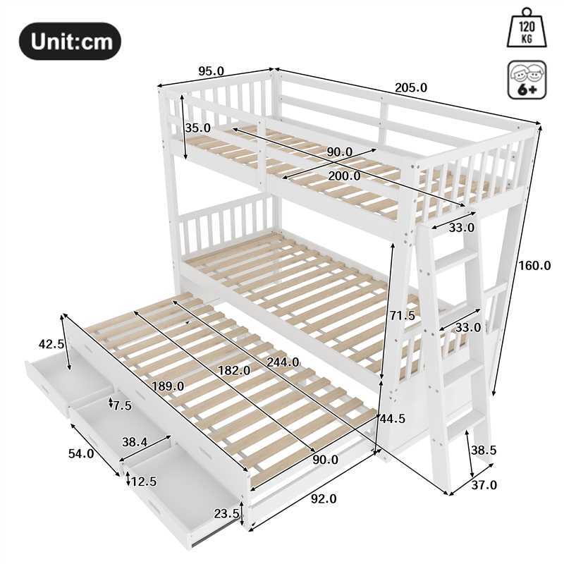 Lit superposé en bois 90 x 200 cm avec lit gigogne pour enfant, Lit mezzanine et 3 tiroirs, sommier à lattes, blanc (sans matelas) - 3