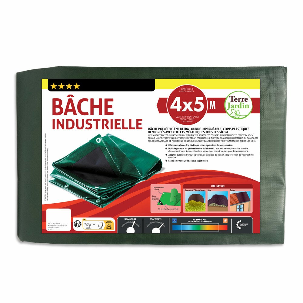 Bâche de protection épaisse ultra résistante en polyéthylène 4 x 5 m - 240 g/m2 - Vert et noir - 4 x 5 - Vert - 7