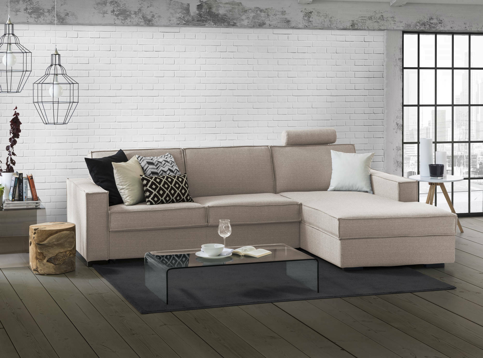Sofá cama adelia, sofá de esquina, sofá con apertura giratoria, península contenedor derecha, con reposabrazos delgados, cm 260x95h90