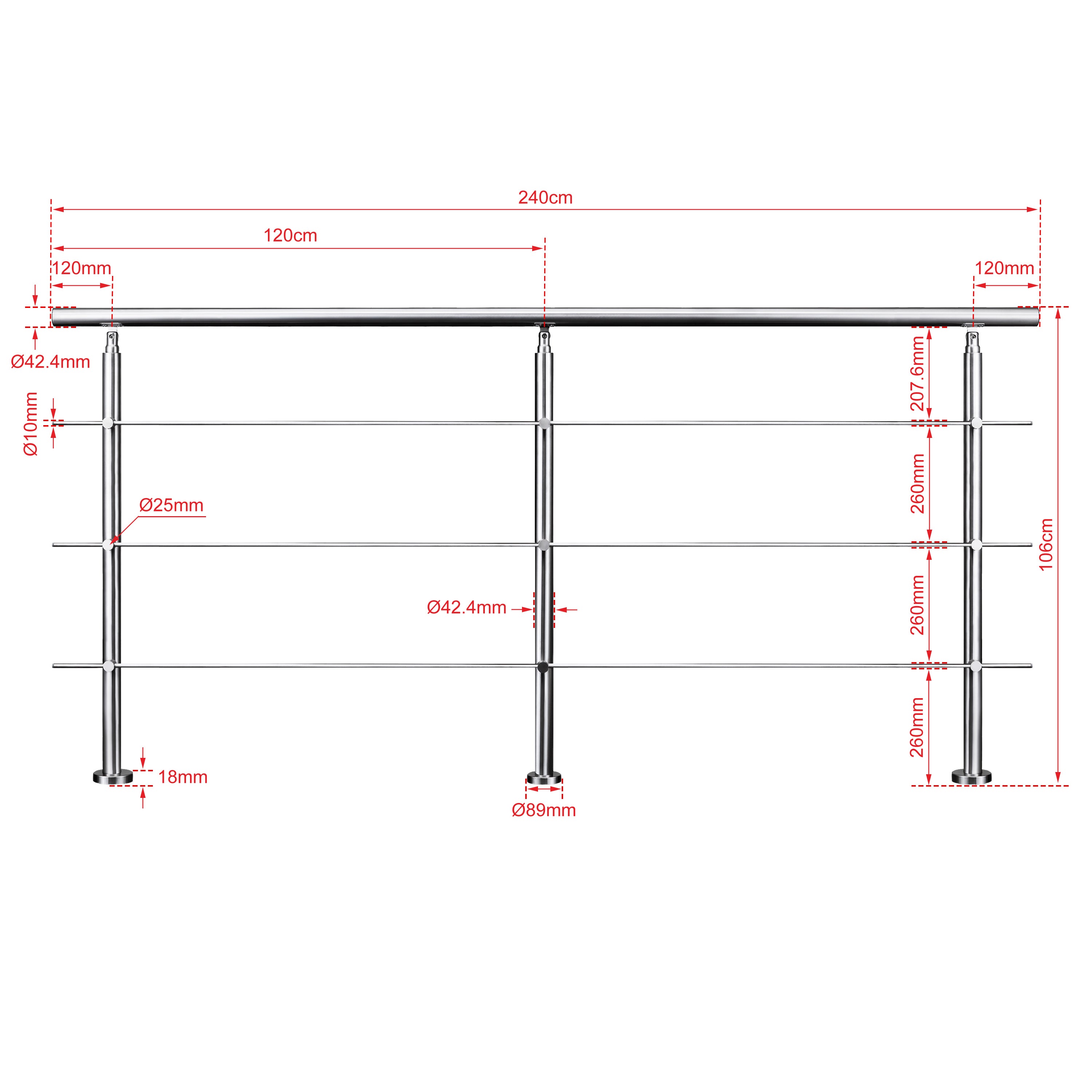 Garde-corps 240cm argenté, 1 main courante, 3 traverses, inox 201, intérieur et extérieur, design moderne - kit complet - 7