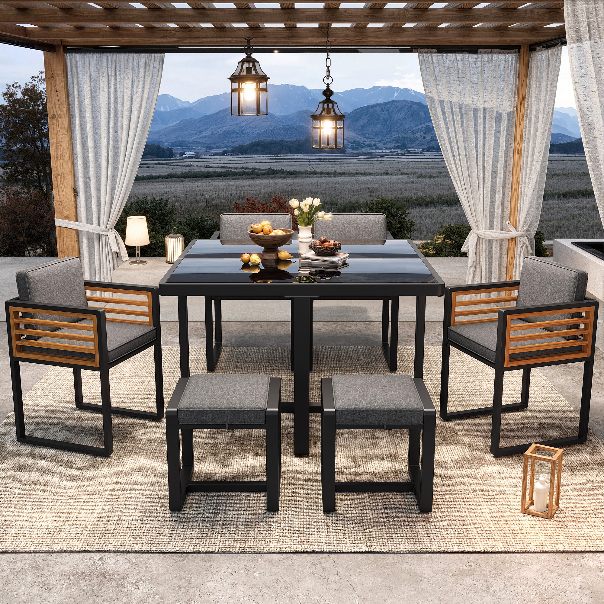 Ensemble de mobilier de jardin, salon de jardin avec 6 chaises et table, ensemble de mobilier de terrasse/balcon pour 6 personnes, ensemble de mobilie - 5