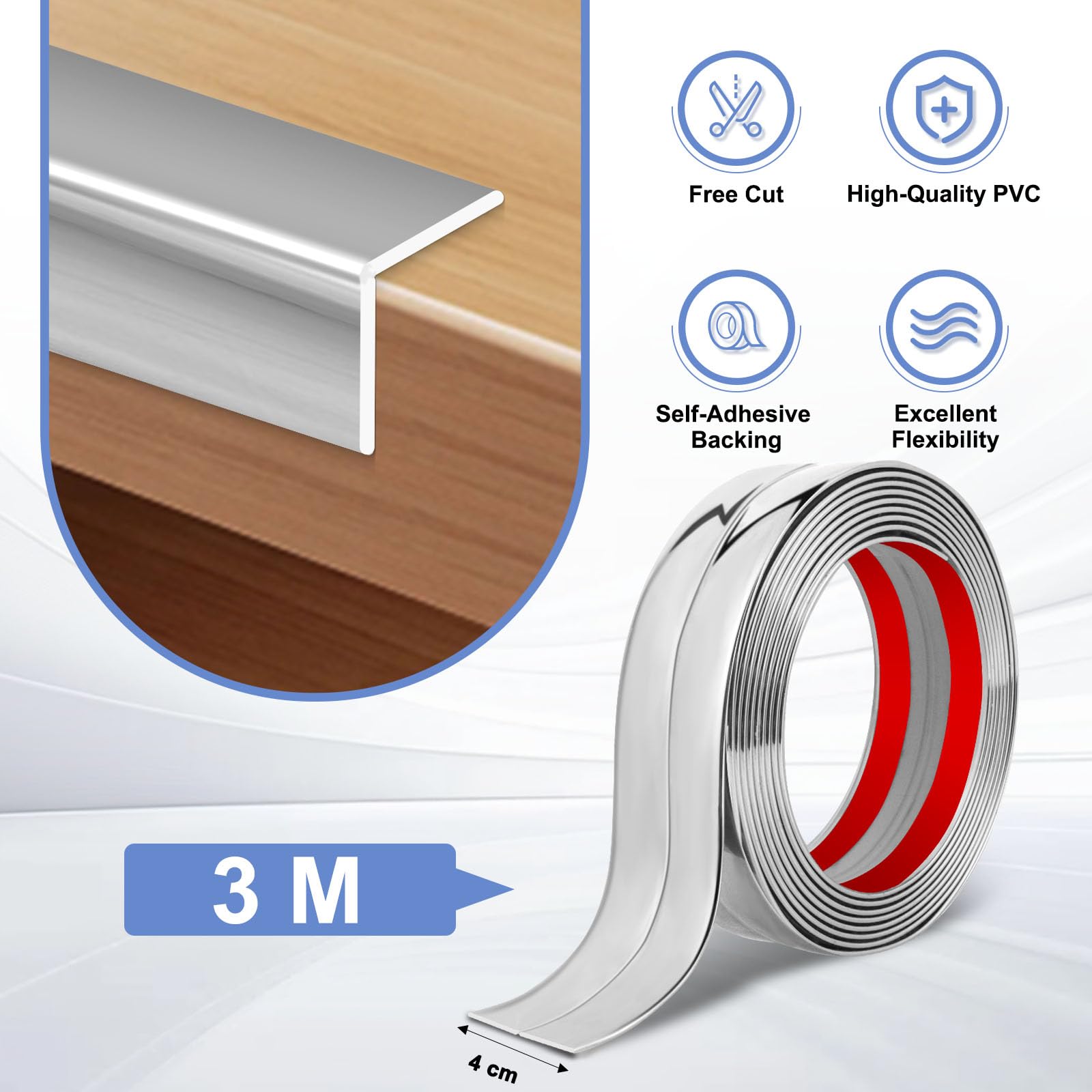 Baguette d’Angle PVC Cornière Moulure Murale Autocollante Protection Profilé Souple pour bordure de carrelage Plafond (Argent, 4cm×3m) - 2
