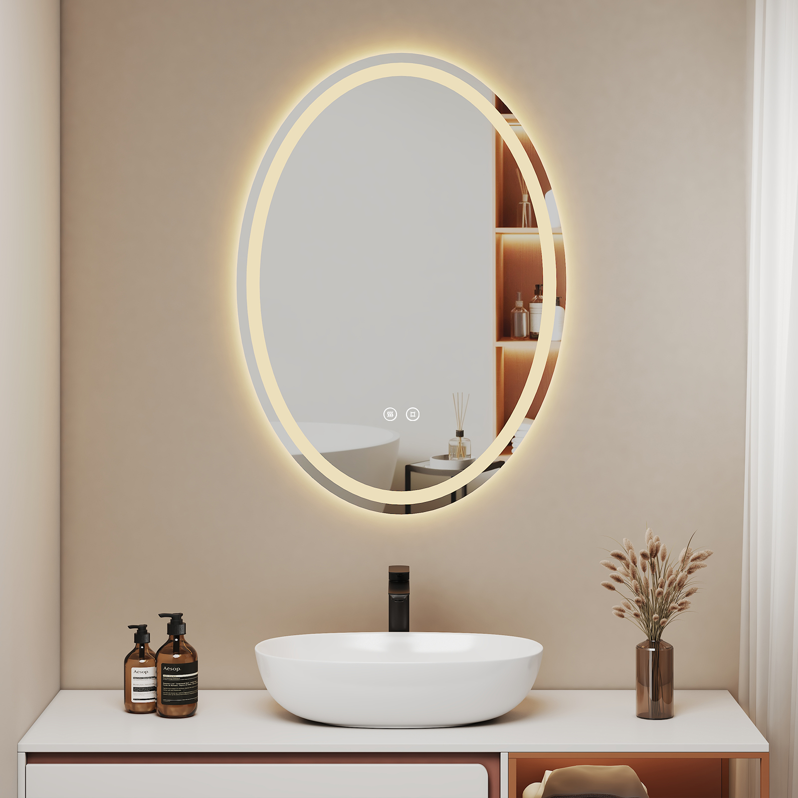 EMKE Owalne Lustro łazienkowe z oświetleniem LED 50x70 cm, z 3 barwy światła, możliwość ściemniania, przeciwmgielne, funkcja pamięci, IP44