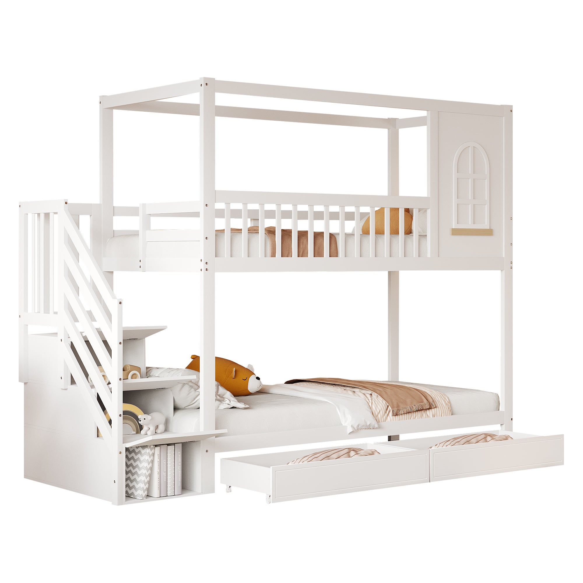 Lit superposé 90x200cm en bois massif - 2 tiroirs et escalier de rangement - Blanc - 4