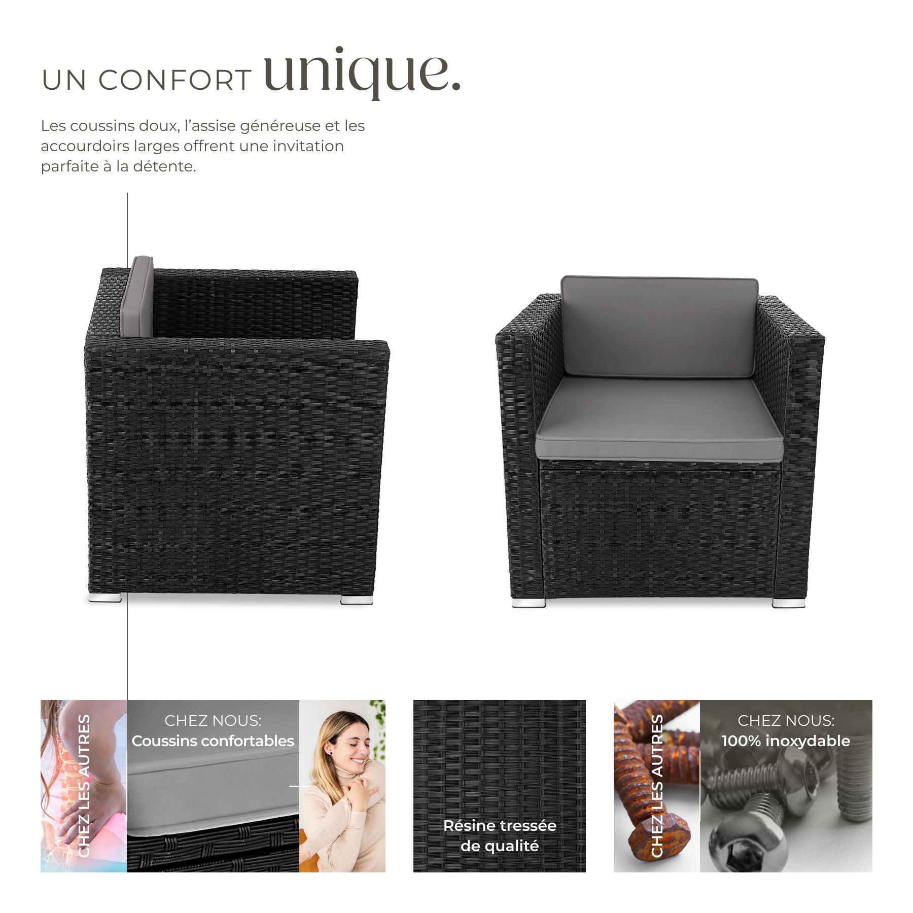 Fauteuil rotin en polyéthylène et acier résistant aux UVs avec coussins d'assise et dossier 70 x 69 x 65 cm TECTAKE - 3