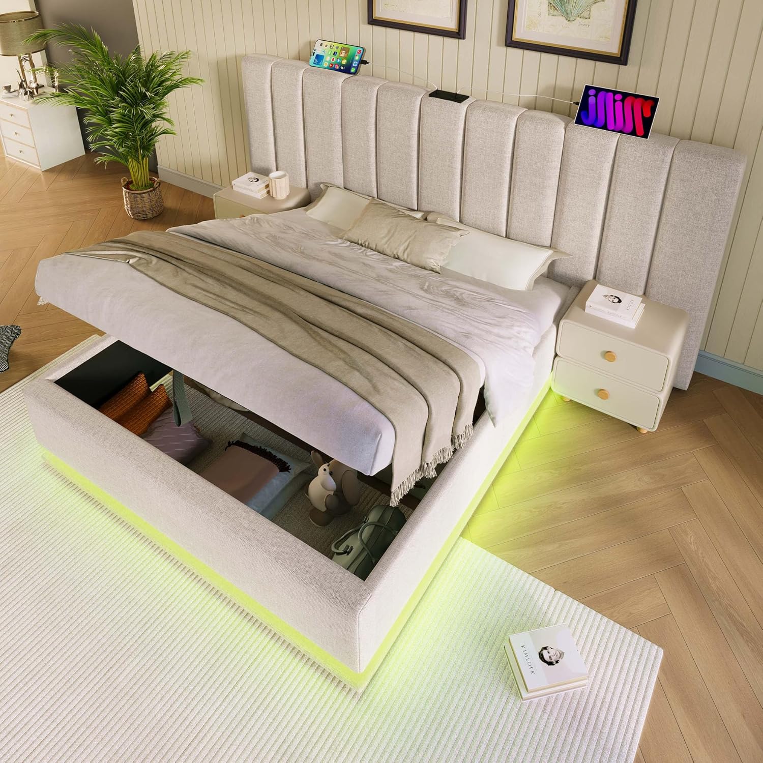 Lit Double 180x200 Cm Avec Rangement - Tête De Lit Velours Avec LED, Prise Et USB - Sommier Relevable Hydraulique - Couleur Beige - 4