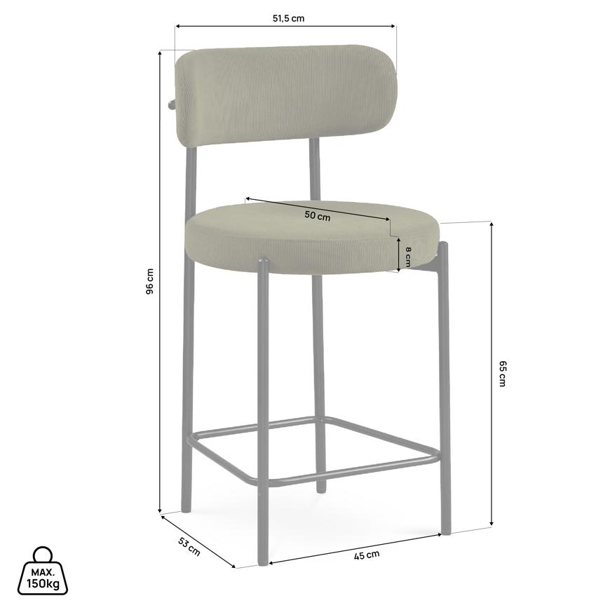 Lot de 2 tabourets de bar modernes IRIS velours côtelé kaki 65cm - 3