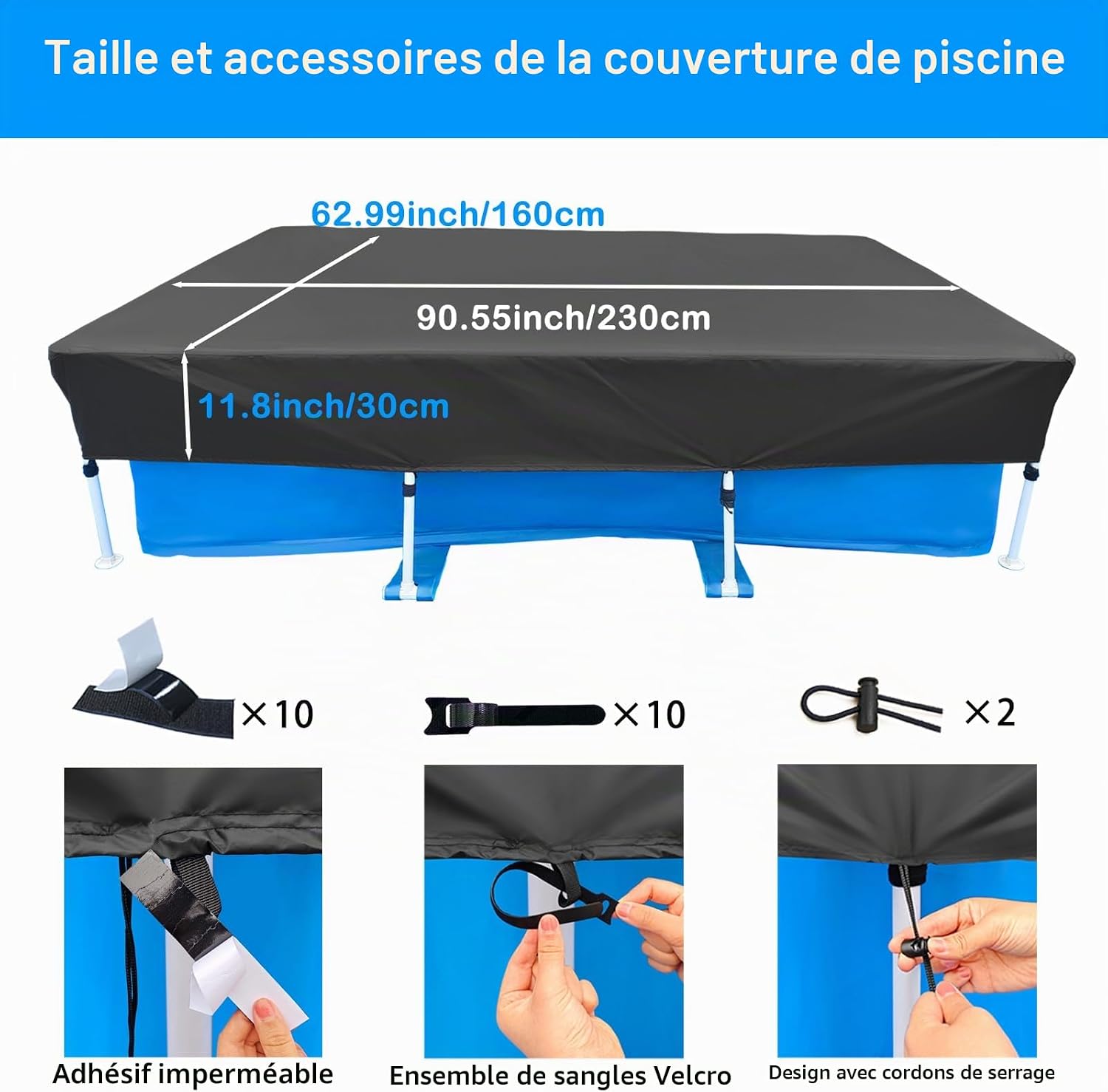 Bâche de Piscine Rectangulaire 230 x 160 cm pour Piscines 2.20 x 1.50 m Pool Cover Facile à Installer Bâche de Couverture - 2