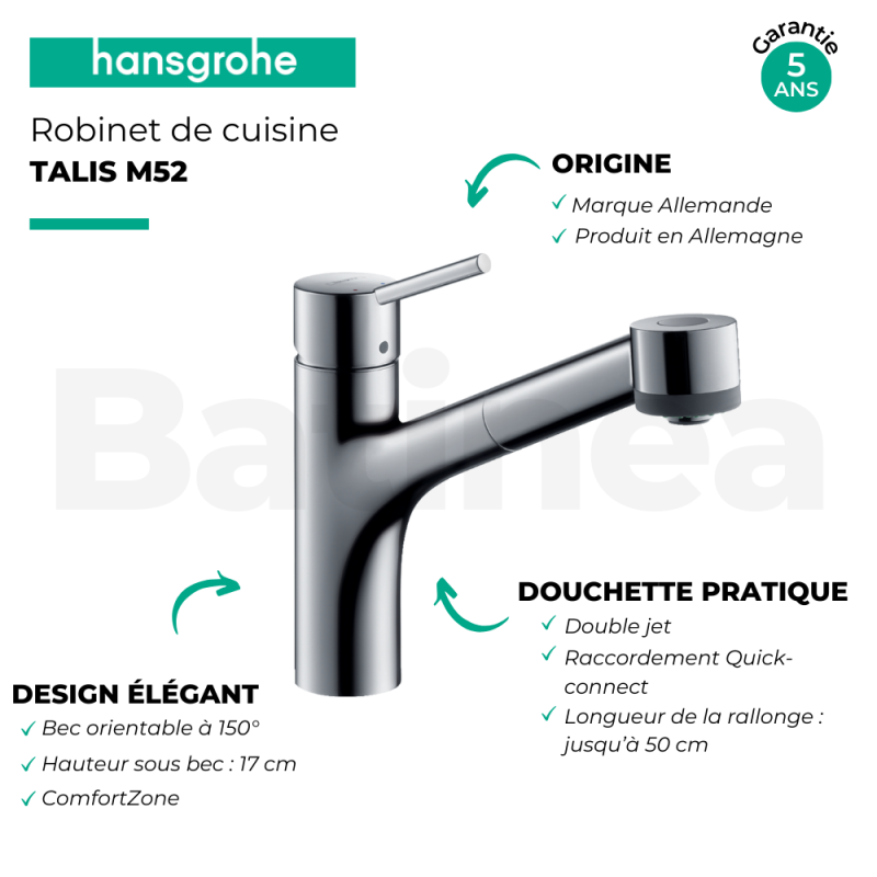 Rubinetto da cucina con doccetta cromata HANSGROHE Talis M52 170 a 2 getti - 3