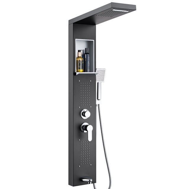 Auralum Max Panneau de Douche Hydromassant Noir Mat Inox et Laiton, 5 Fonctions, Douche Pluie, Cascade, Massage, Douchette, Bec Baignoire
