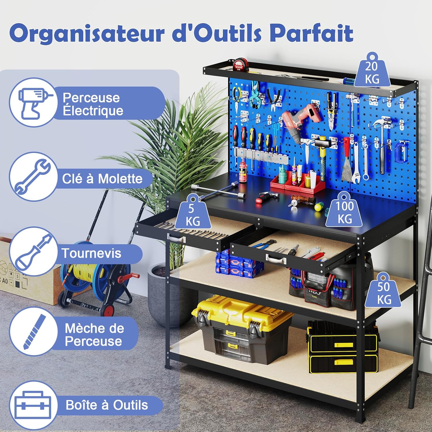 Établi avec Panneau Perforé, Table de Travail avec Tiroirs, Étagères, 23 Crochets, Porte-Tournevis, Charge 230kg, 121x61x156cm (Bleu) - 3