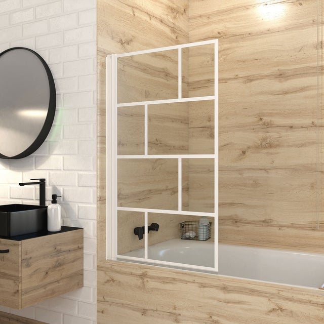Pare Baignoire Rabattable 80x140cm - Sérigraphie Briques Blanches - Verre Trempé 4mm