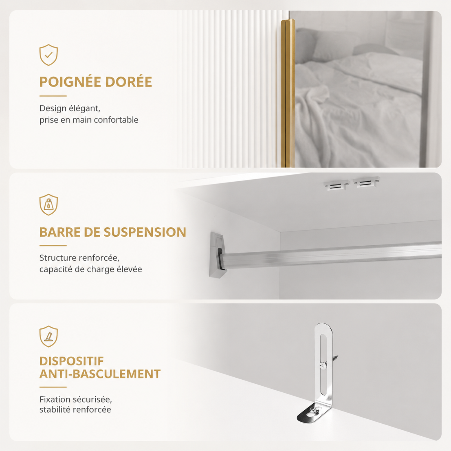 Armoire miroir avec 2 portes, 2 tiroirs et penderie, Armoire à vêtement avec LED, Chambre, 75x48x170, blanc - 6