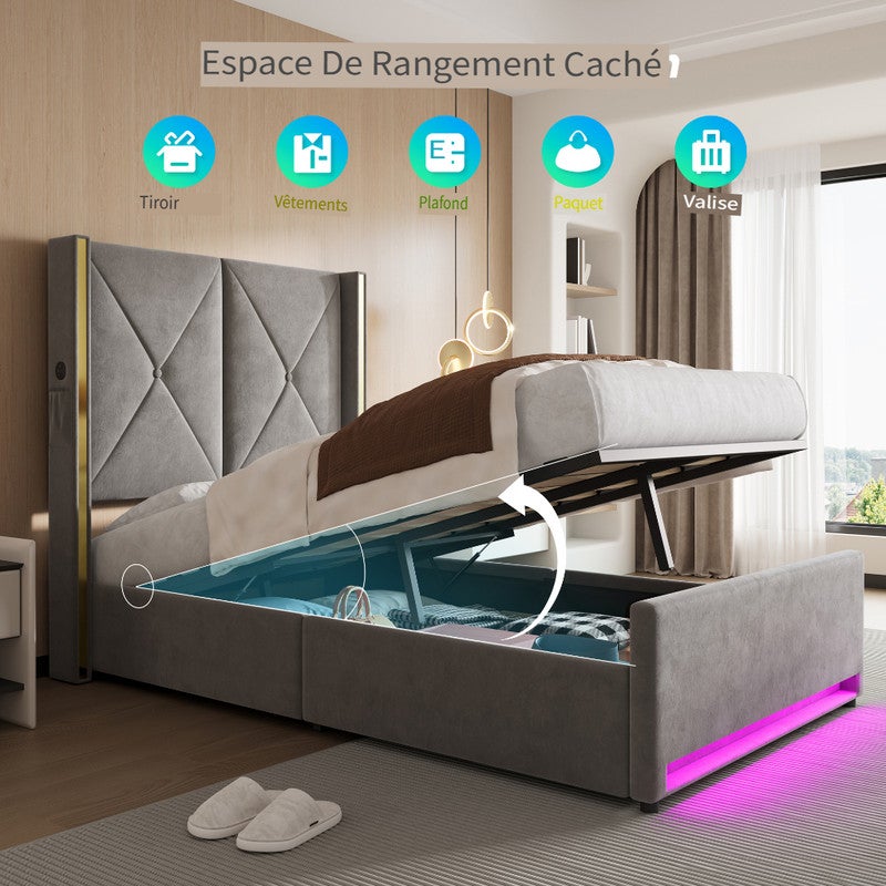Lit 90x200 avec ports USB et éclairage LED,Lit simple rembourré avec poches latérales,Lit coffre hydraulique,tissu velours,Gris foncé (Sans matelas) - 2