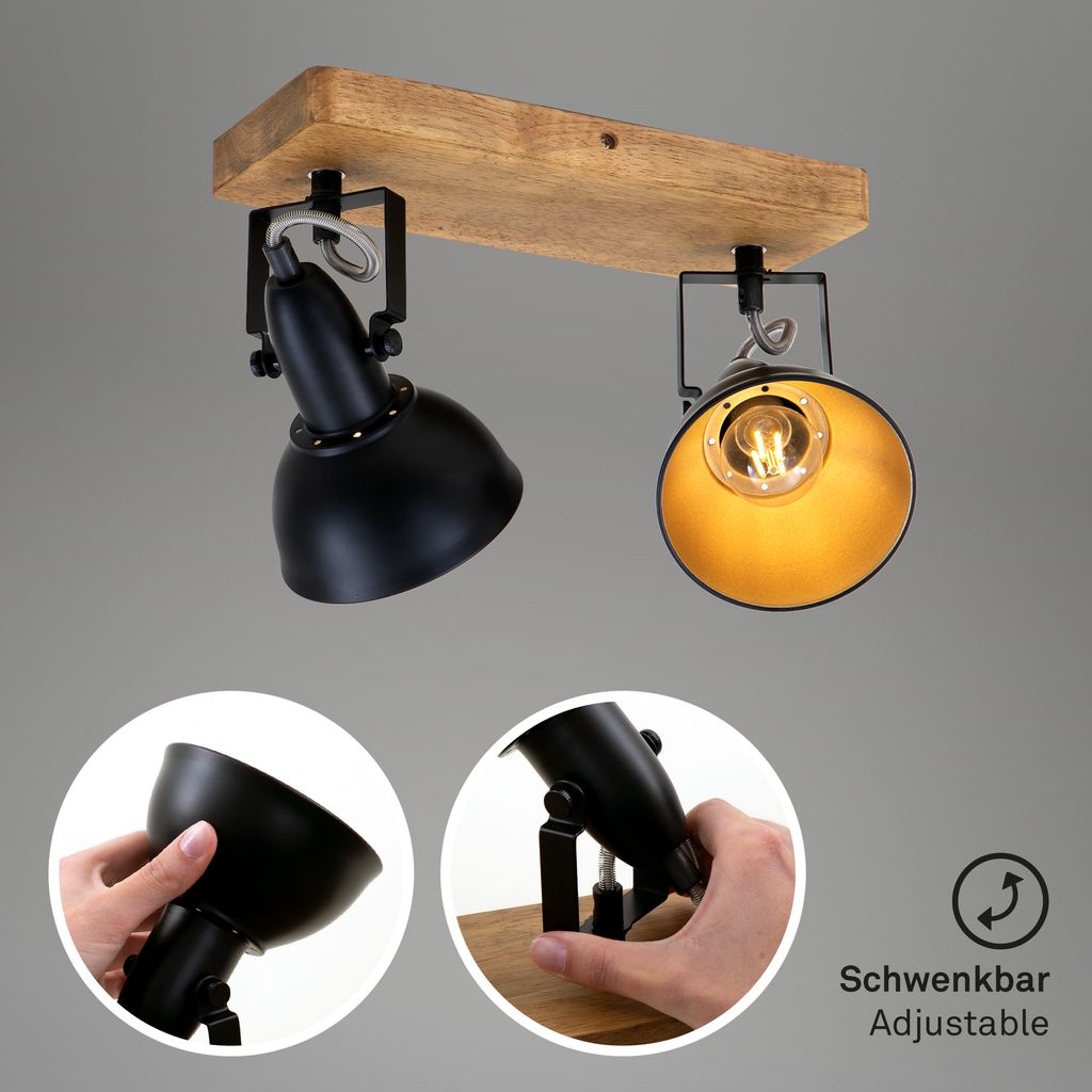 Plafonnier Spot BRILONER LEUCHTEN BARNIM, 25 W, IP20, noir, métal-bois, excl. 2x E14, 28 x 11 x 15,7 cm - 6