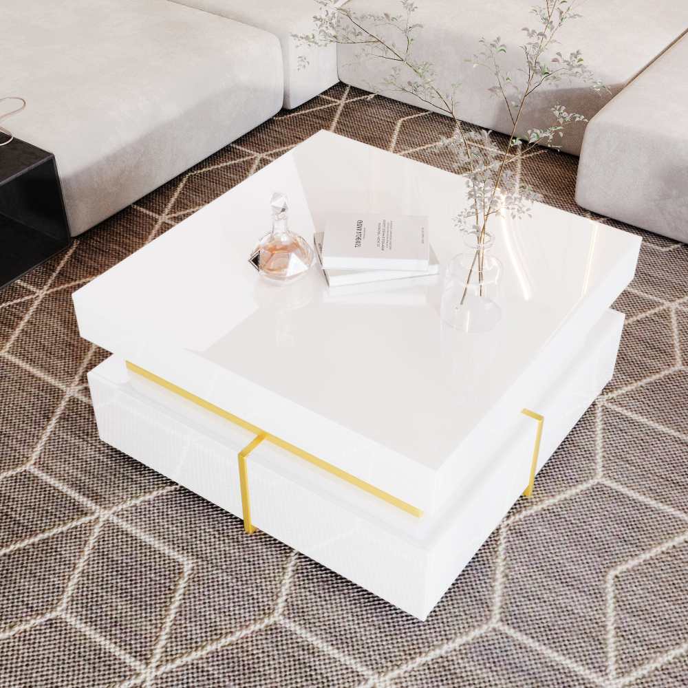 Couchtisch Hochglanz Wohnzimmertisch mit Schubladen und goldenen Akzenten, nowoczesny design, langlebige Materialien, kompakte Aufbewahrung