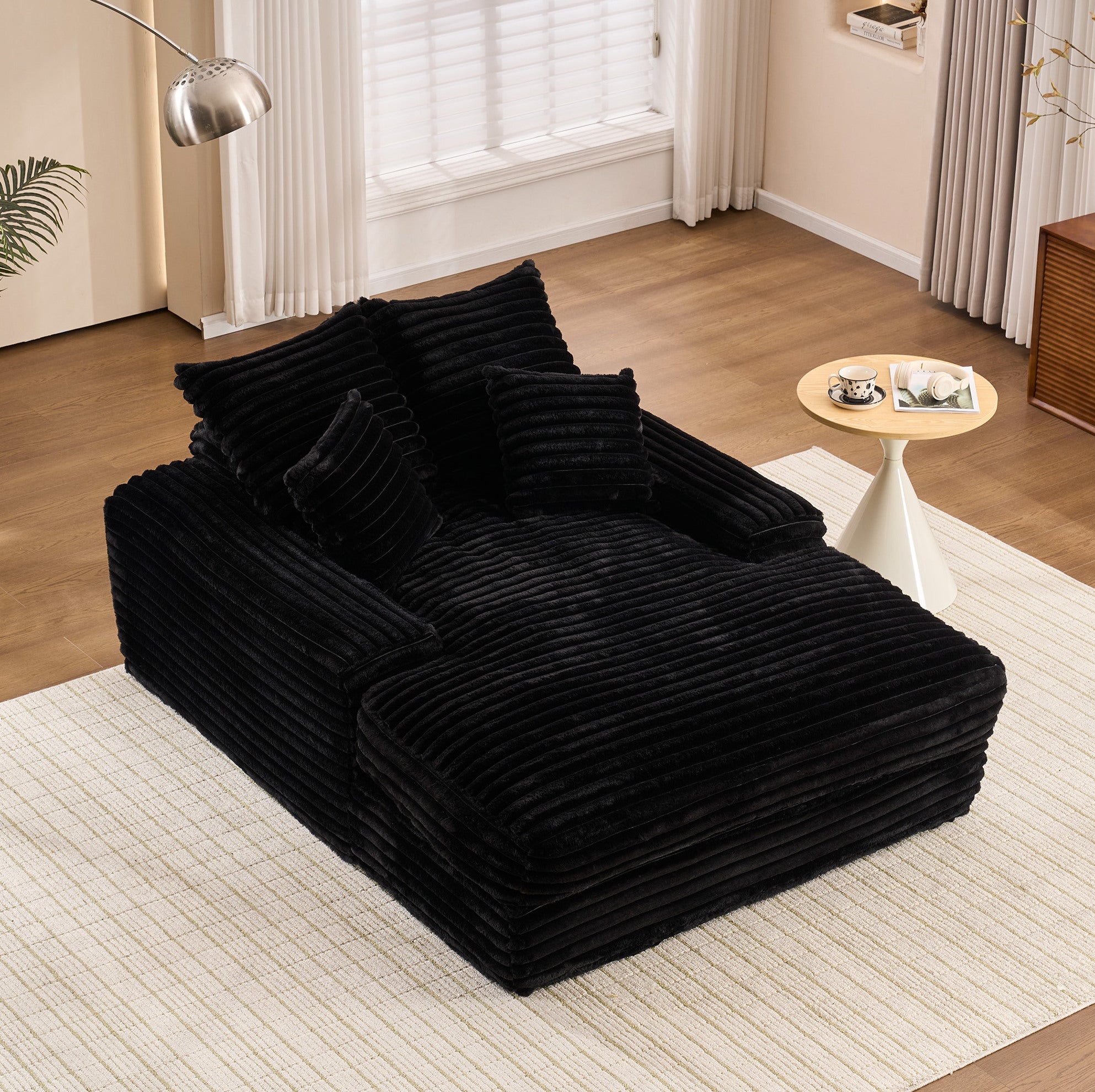 Canapé de sol en velours côtelé noir avec 4 coussins amovibles, sans montage, 175 × 137 × 63 cm - 3