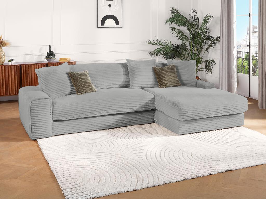 Canapé d'angle droit en velours côtelé grosses côtes gris CALAZO de