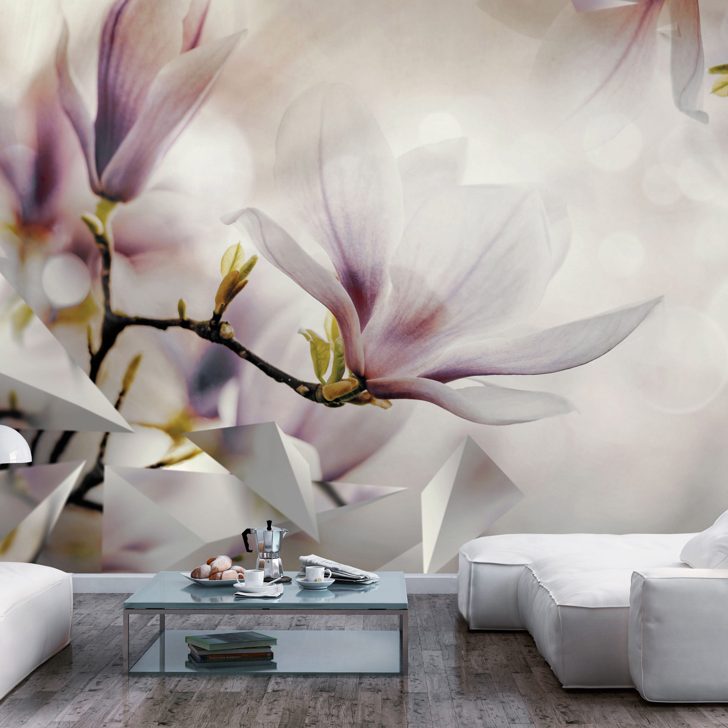 Papier peint Magnolias roses délicats sur un mur en béton nr. w08636 Papier peint Magnolias roses délicats sur un mur en béton nr. w08636