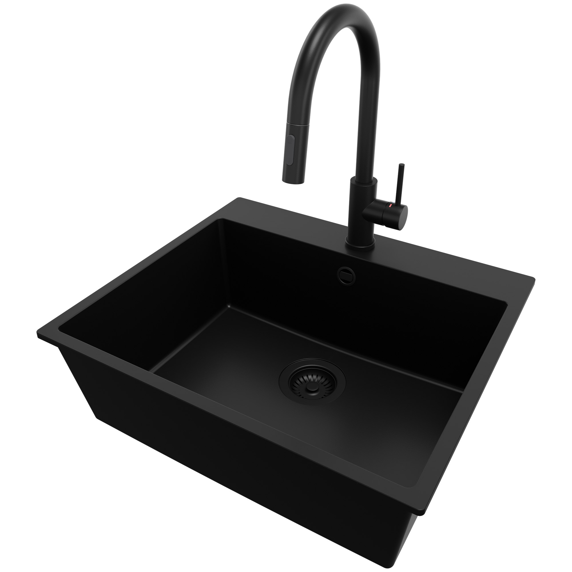 Zlewozmywak Granitowy Cały Czarny 58x50cm, Zlew Kuchenny 1 Komorowy + Bateria 40x20cm + Syfon, Nablatowy do szafki od 60cm - Ryga PRIMAGRAN