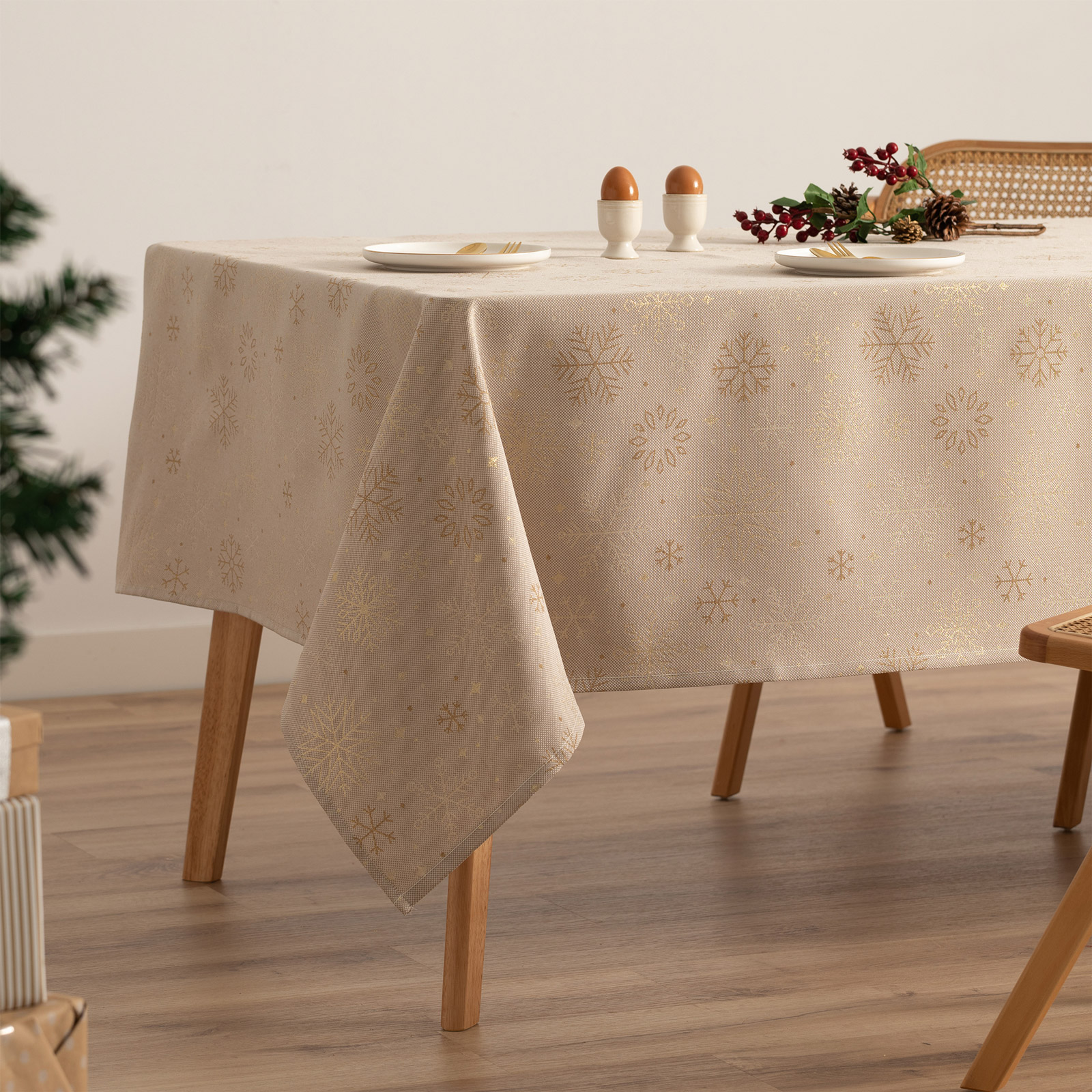 Mantel navidad algodón rectangular jacquard snowflake beige y oro 140x100 cm - sparkle