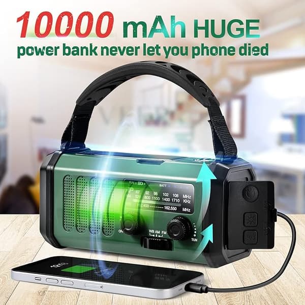 Radio de emergencia con linterna: radio de manivela con energía solar de 10 000 mAh, radio AM/FM/WB, alarma SOS, carga USB-C y brújula incorporada - 6