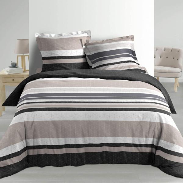 Housse de couette Alban Bayadère, Marron/Noir, 220x240cm, 2 personnes, 100% Coton Percale 78 fils