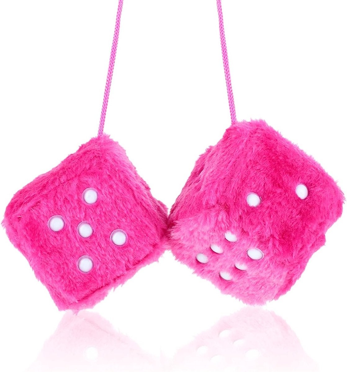 1 pereche de zaruri roz pufoase pentru mașini, accesorii de pluș pentru oglinzi retrovizoare, decorațiune retro suspendată pentru femei