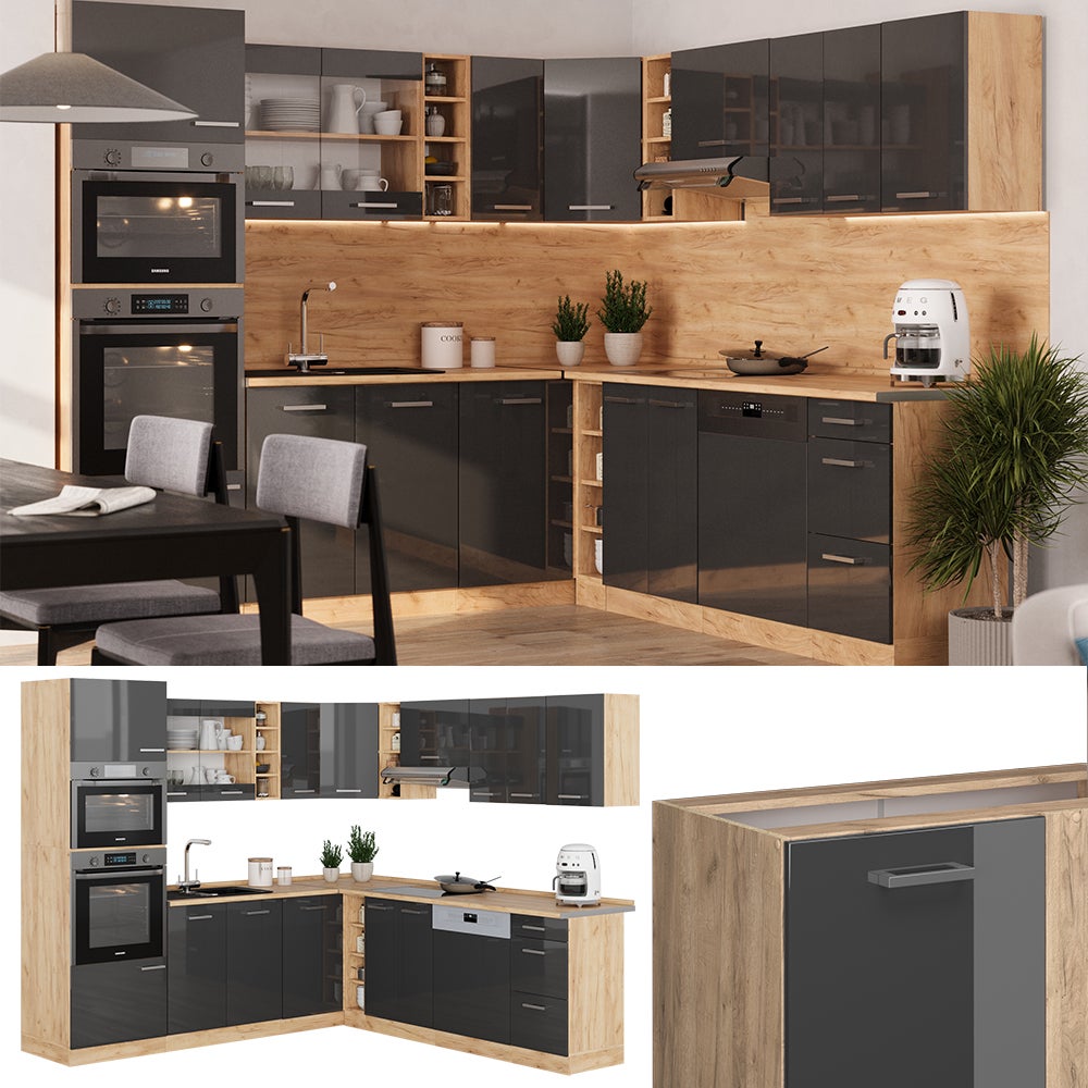 Vicco Cuisine en angle R-Line, Anthracite Haute brillance/Chêne de force doré, 247 x 237 cm sans PT - 8