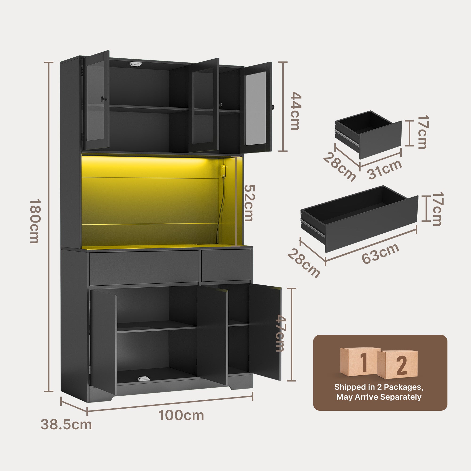 Meuble de rangement cuisine haut,100 cm,noir,avec 2 tiroirs et 6 portes,portes vitrées et prises USB - 3