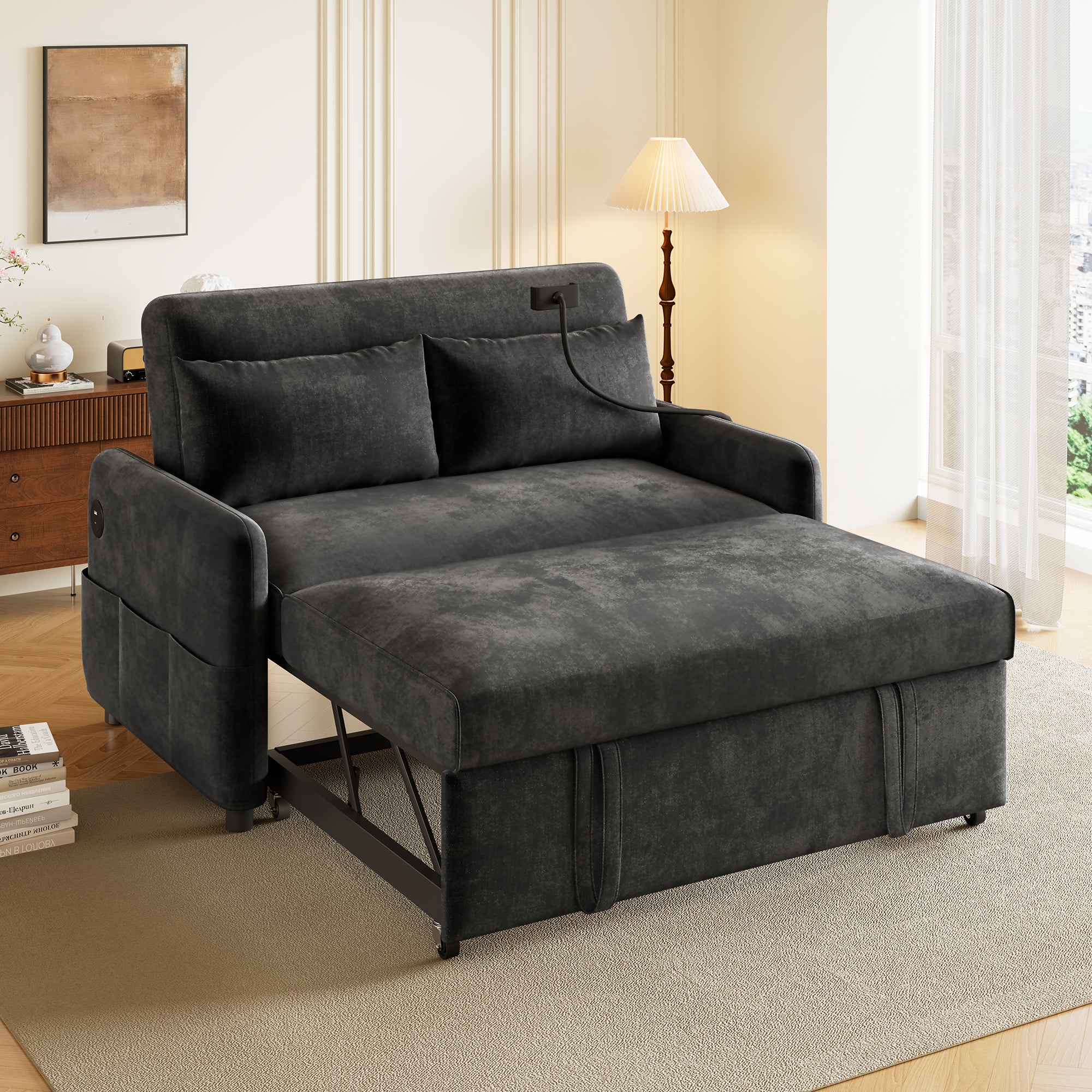 Canapé convertible réglable multi-angles en tissu chenille - 2 places - avec support téléphone et Ports USB - Gris - 2