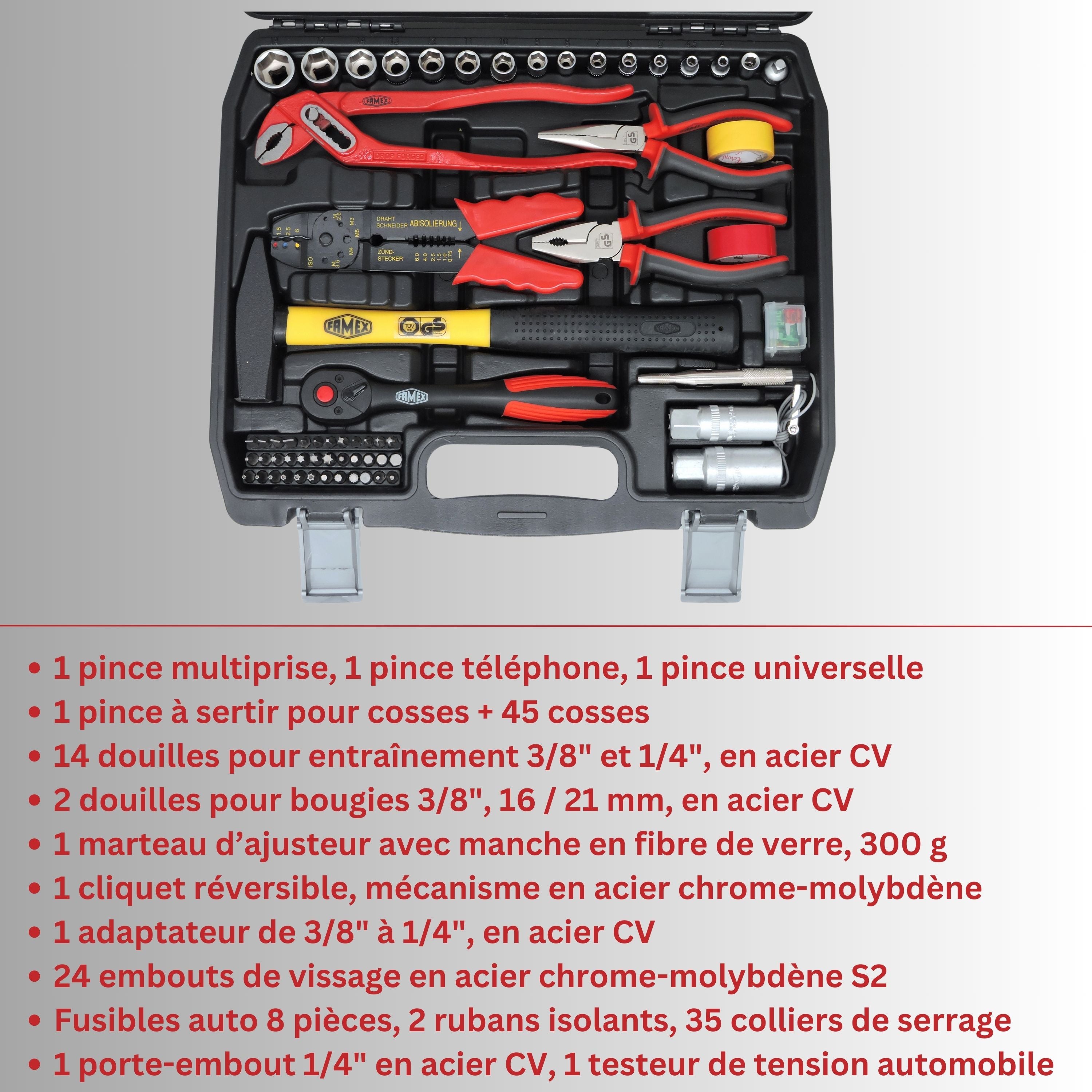 FAMEX 144-50 Malette à outils - complète, 86-pièces, pour voiture, véhicule, camping - 4