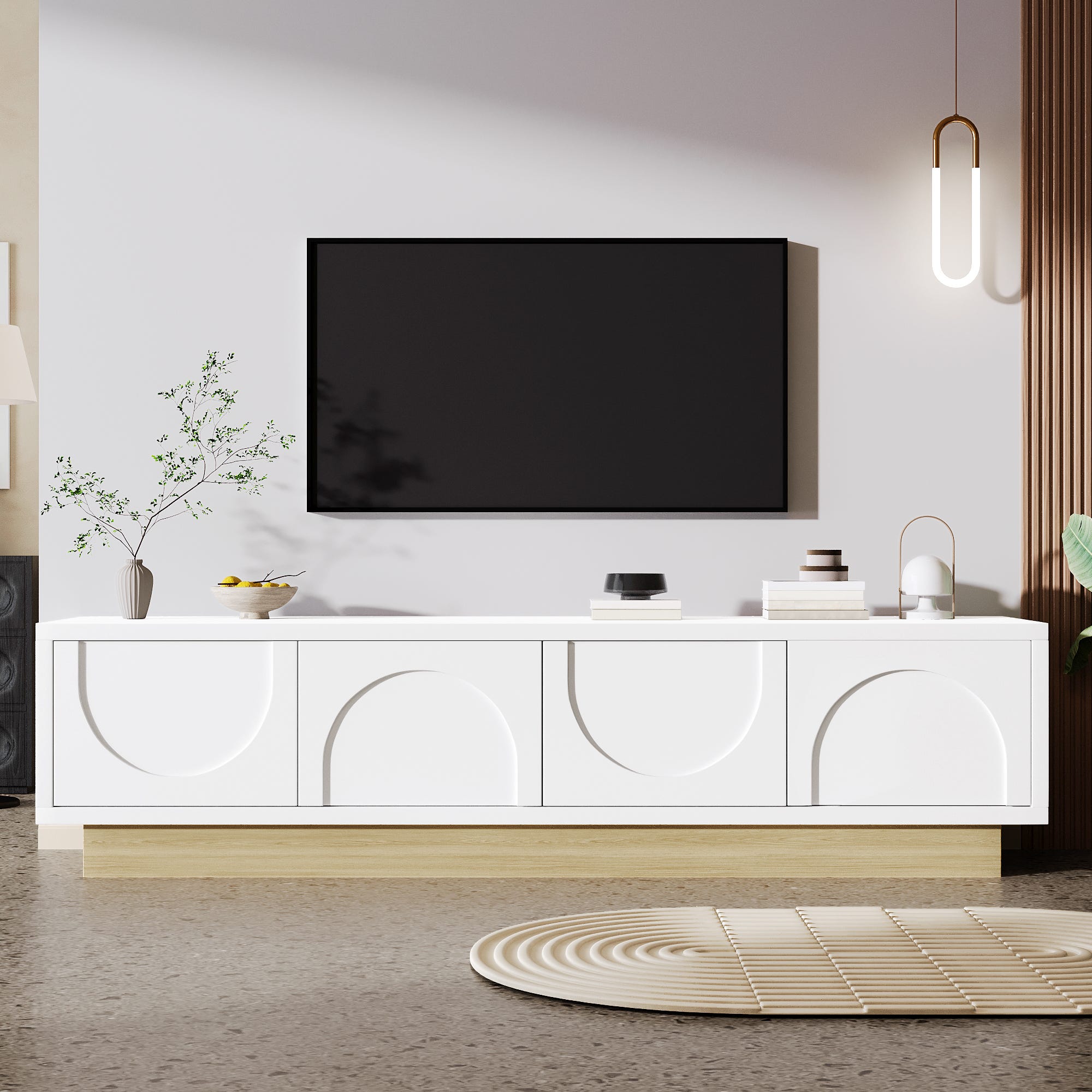 Meuble TV moderne 175 cm – Design courbé avec veinage bois, rangement ...