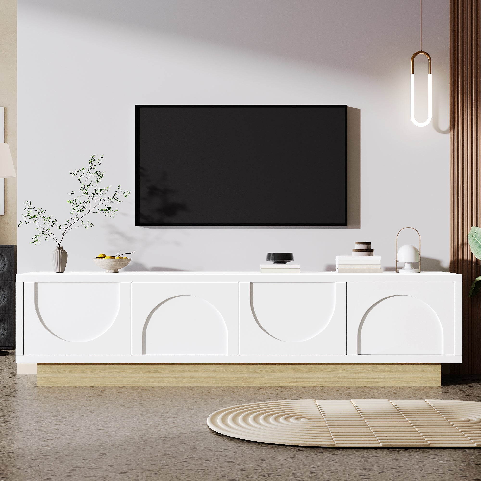 Nowoczesny stolik RTV 175x40x42 cm - zakrzywiony design - 4 drzwi - podstawa w wyglądzie drewna - biały