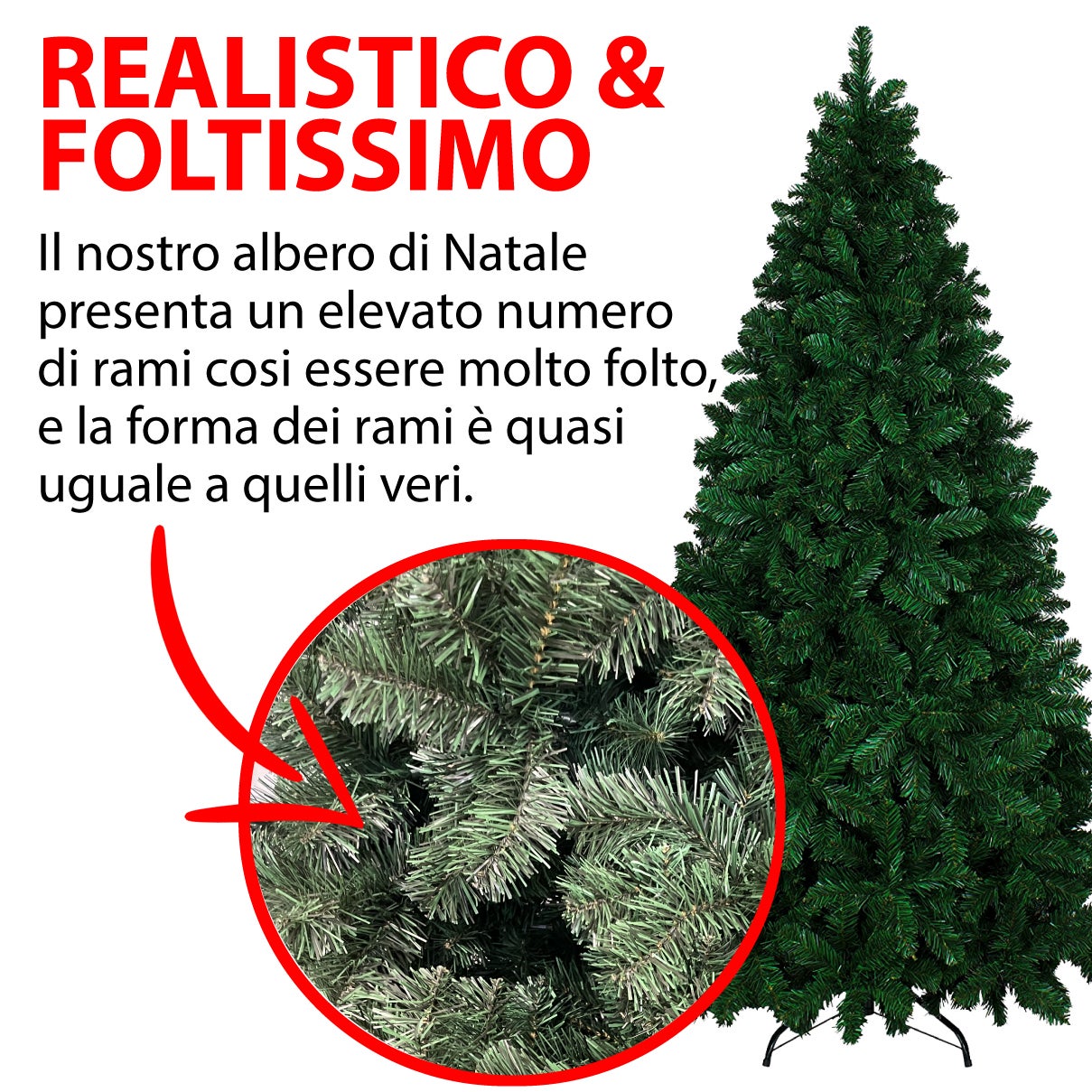 Albero Di Natale 210 Cm Con Sacca Effetto Reale 1078 Rami Foltissimo Molto Folto Rami A Gancio Base Croce In Metallo Doppia Foglia Colorata PVC 210Cm - 4