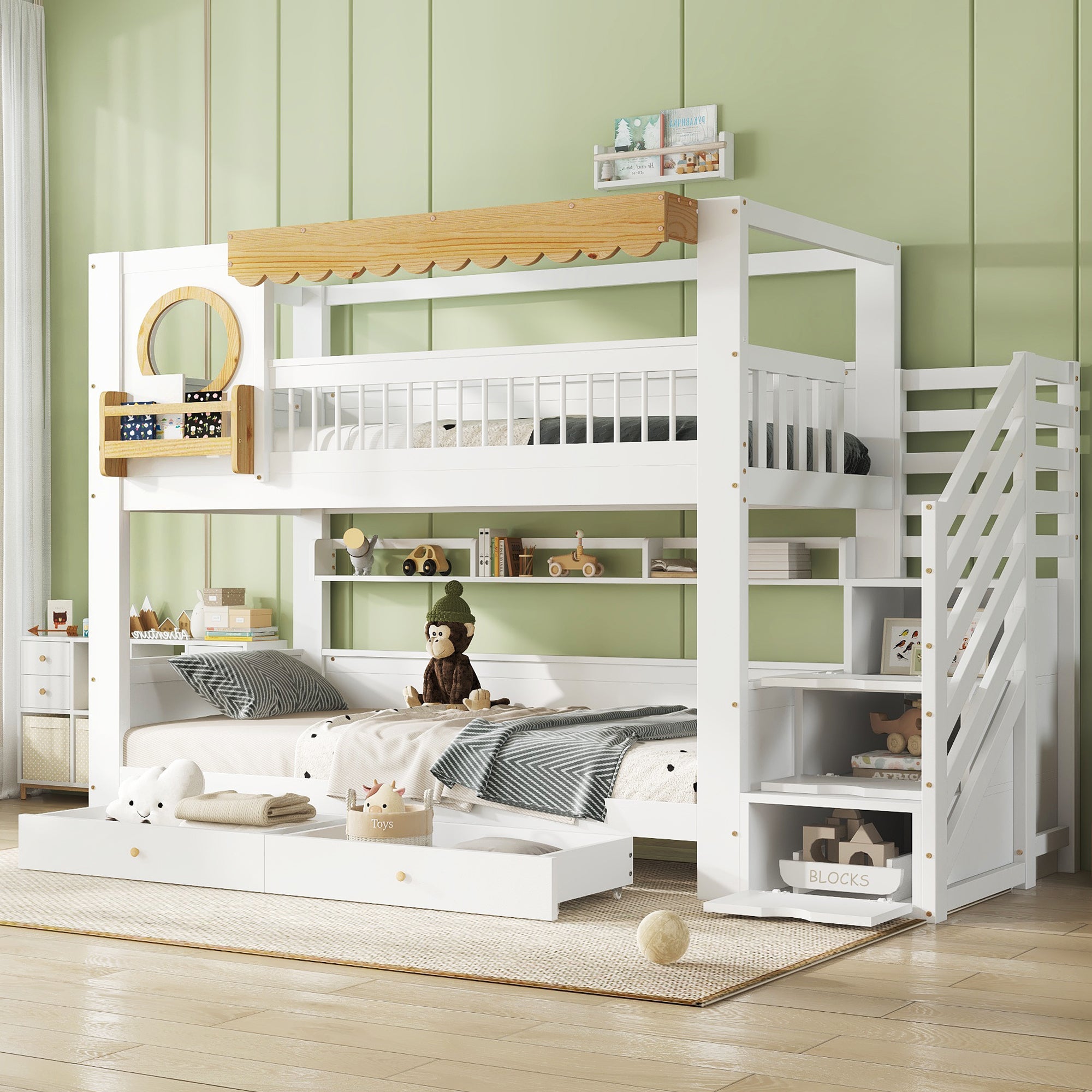 Lit Superposé Enfant 90x200 Cm OOIILLEE - Bois Massif Avec étagères Et échelle, Blanc, Gain De Place