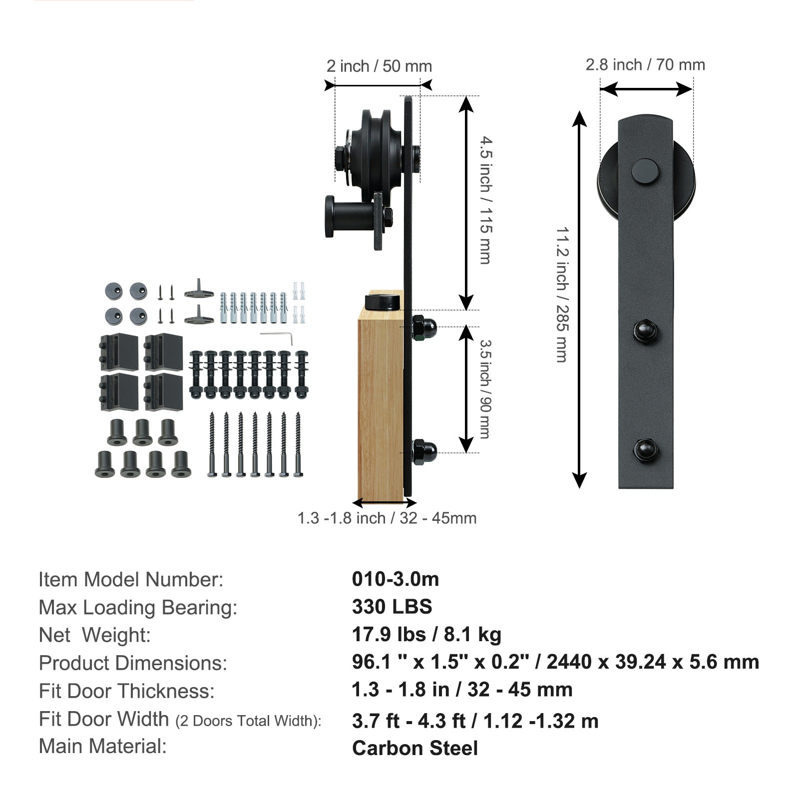 Kit quincaillerie pour porte grange coulissante SucceBuy 8 pieds | Rail robuste 330 lb pour portes doubles | Convient aux panneaux de 3,7 à 4,3 pieds - 9